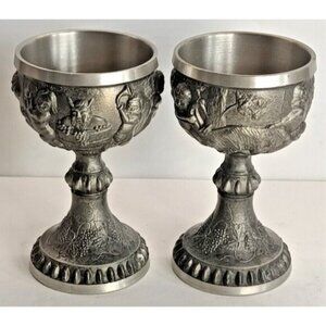 Pewter Wine Goblets Three Scenes depict Rein Zinn Pure 95% Germany 5.5" set of 2